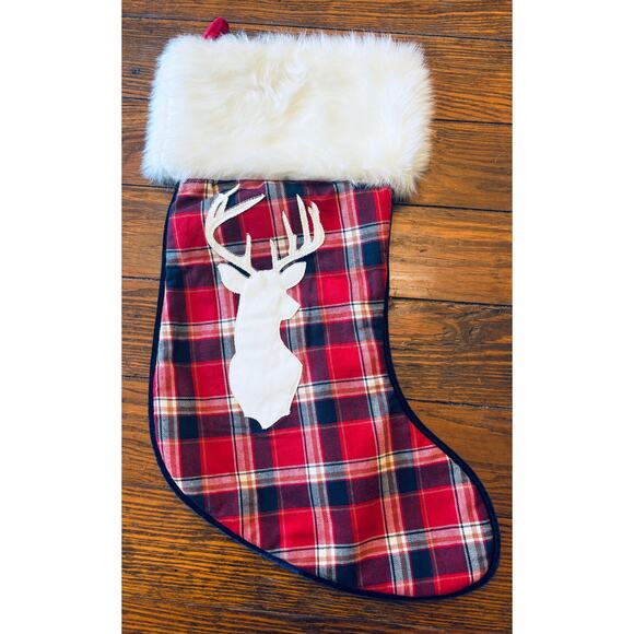 (3) Buffalo plaid Christmas stockings faux fur cuff and deer applique - Picture 2 of 7